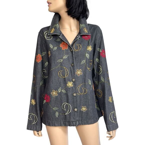 Vintage Floral Embroidered Denim Jacket L Artsy Funky Festival Boho Whimsy Y2k - Picture 3 of 16